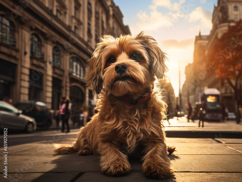 A Photo of a Dog on the Street of a Major City During the Day