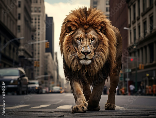 A Photo of a Lion on the Street of a Major City During the Day