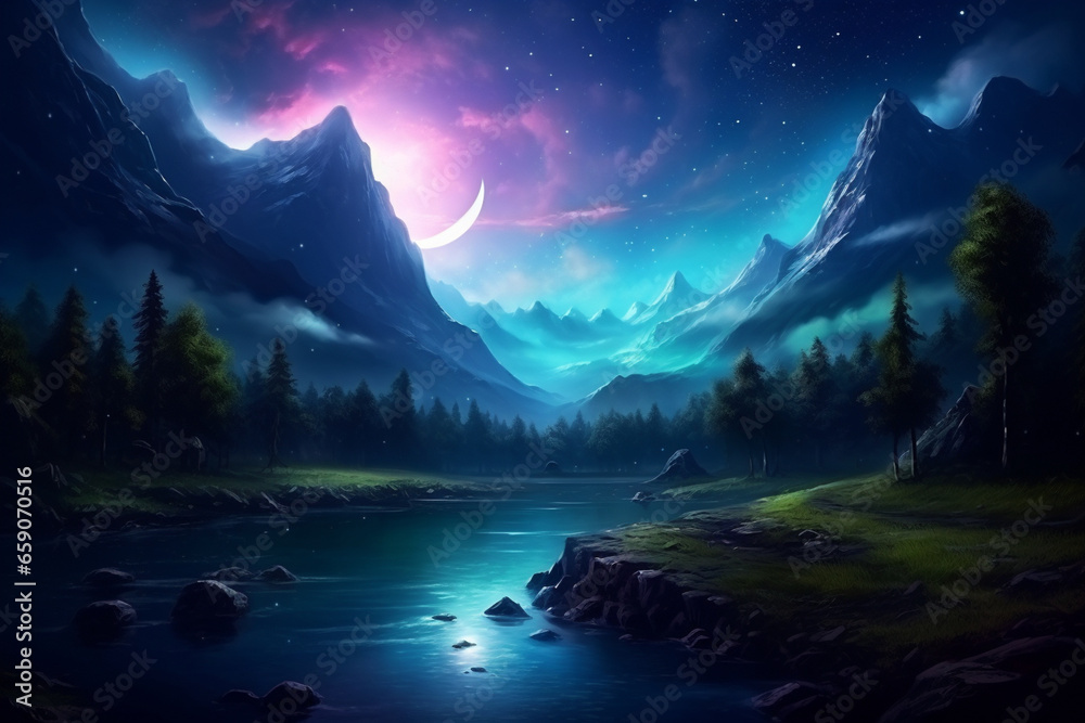 night mountain landscape. generative ai. bright starry sky in the mountains.