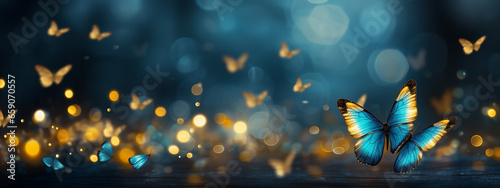 Enchanting Blue Hues, Glowing Butterflies Amidst Golden Lights