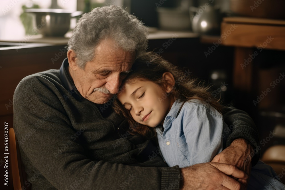 Abuelo abrazando a su nieta mientras la cuida y la protege. Amor. 