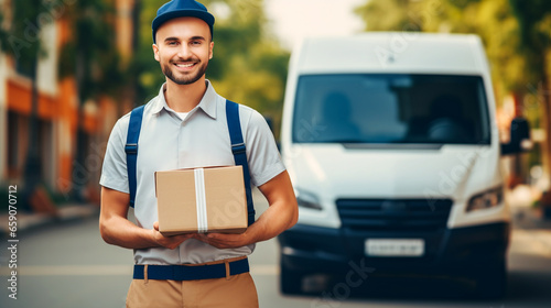 Postwoman/postman with package in hand standing in front postal car. AI generativ.