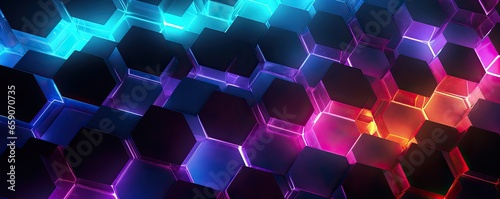 Abstract background with hexagons and glowing neon lights. hexagon wallpaper.