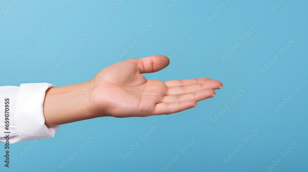 The outstretched open empty palm of the hand on a blue background. The outstretched open empty palm of the hand on a blue background.