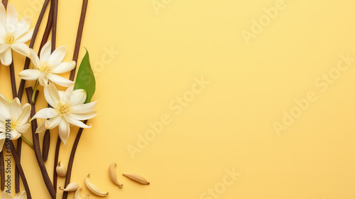 Top view of sticks and vanilla flowers on flat pastel beige background with copy space for text, banner template, picture frame.