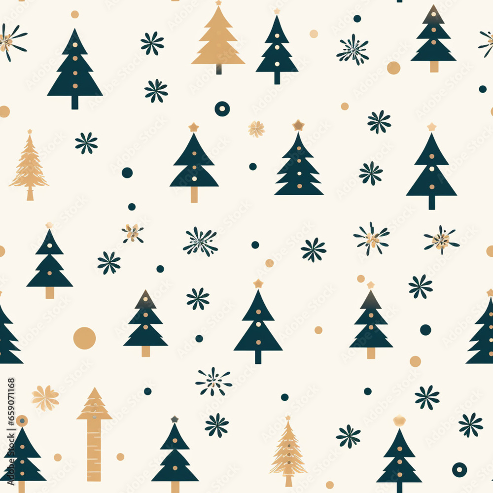 Seamless pattern with Christmas trees and snowflakes. Vector illustration.