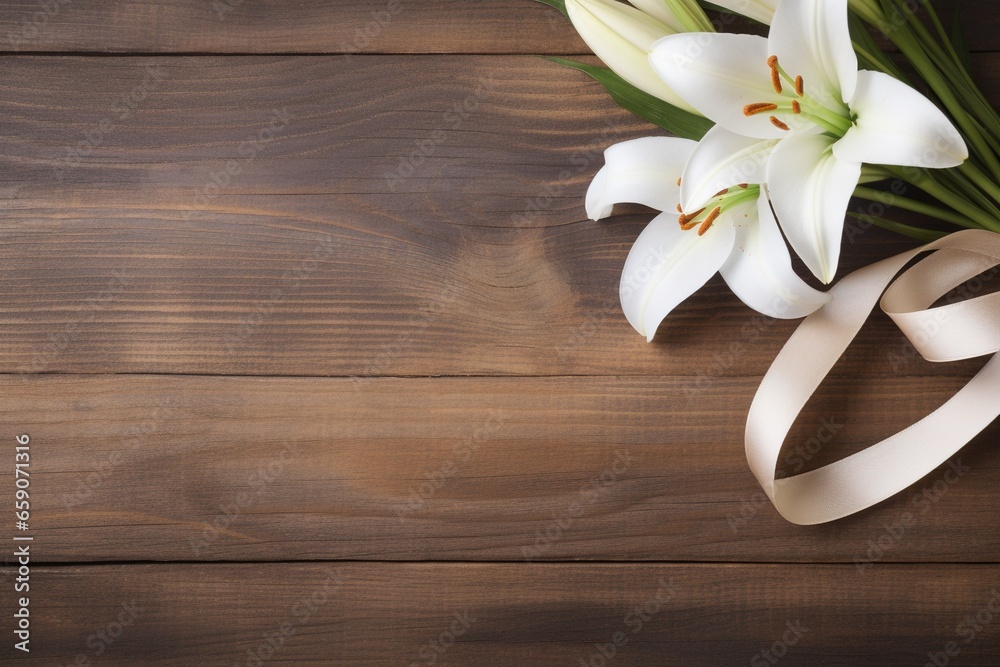 White lily flowers on wooden background. Top view with copy space.Funeral Concept White lily flowers on wooden background. Top view with copy space.Funeral Concept