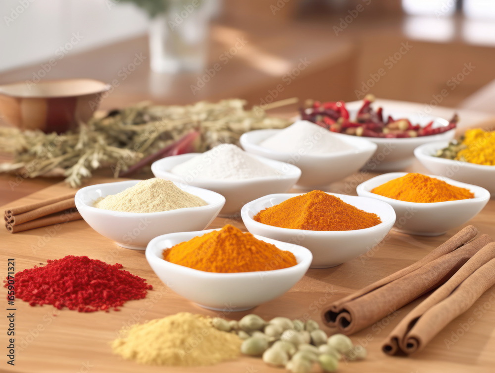 Variety of spices on wooden table