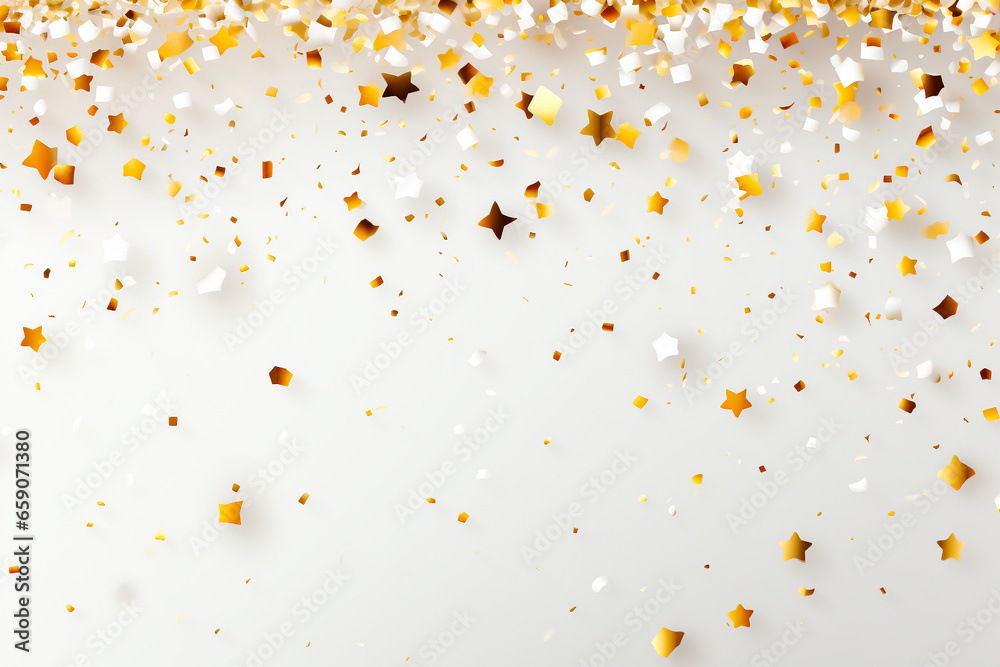 coloured confetti and streamers as a white New Year's background. AI generativ. - obrazy, fototapety, plakaty 
