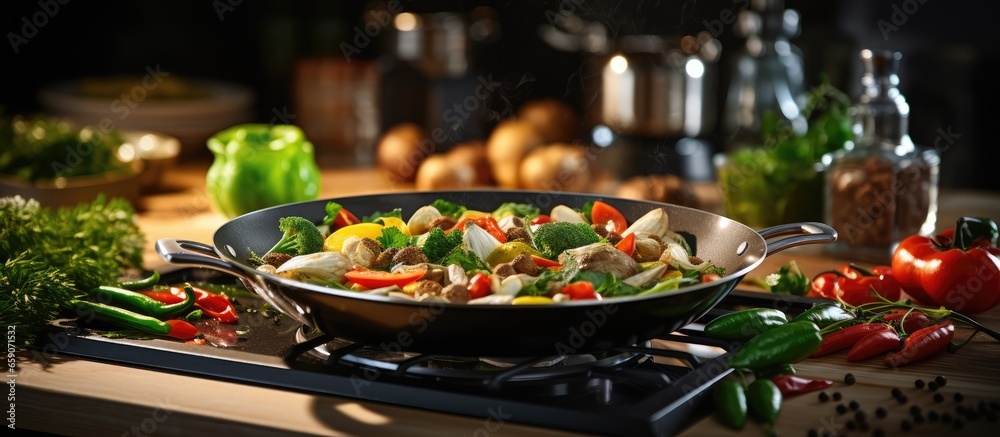 Vegetable filled pan on stove in home kitchen