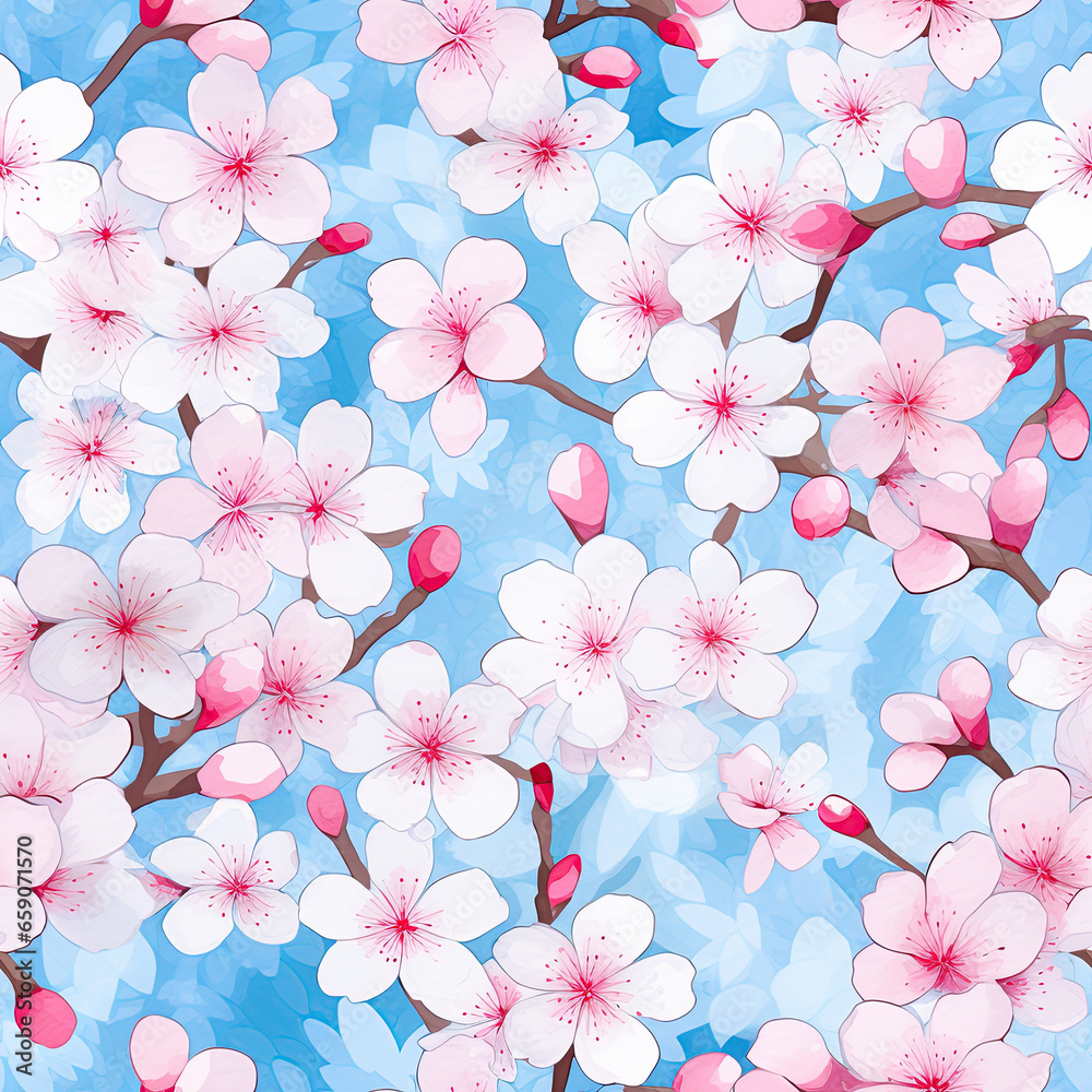 Watercolor Cherry Blossom Pattern , Sakura Flowers , Floral Seamless Patterns, Ornamental Clipart Backgrounds