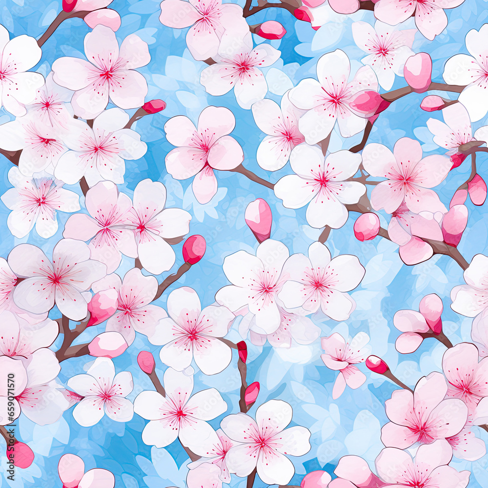 Fototapeta premium Watercolor Cherry Blossom Pattern , Sakura Flowers , Floral Seamless Patterns, Ornamental Clipart Backgrounds