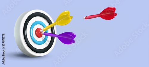 Realistic business banner with 3d target and arrows hitting the target and flying to the target. Vector illustration
