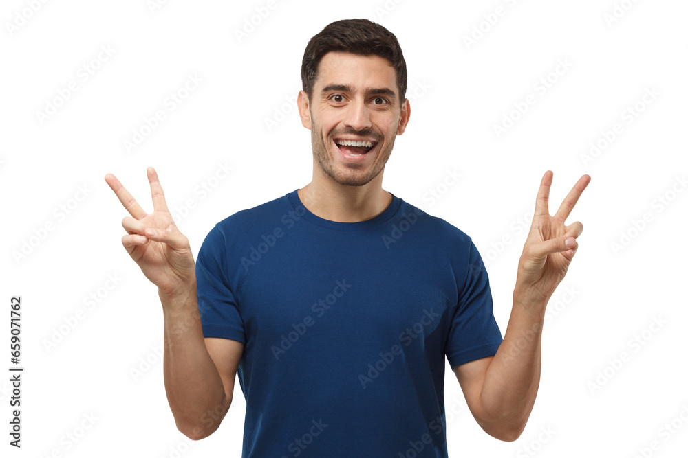 Young man showing victory gesture with both hands Young man showing victory gesture with both hands