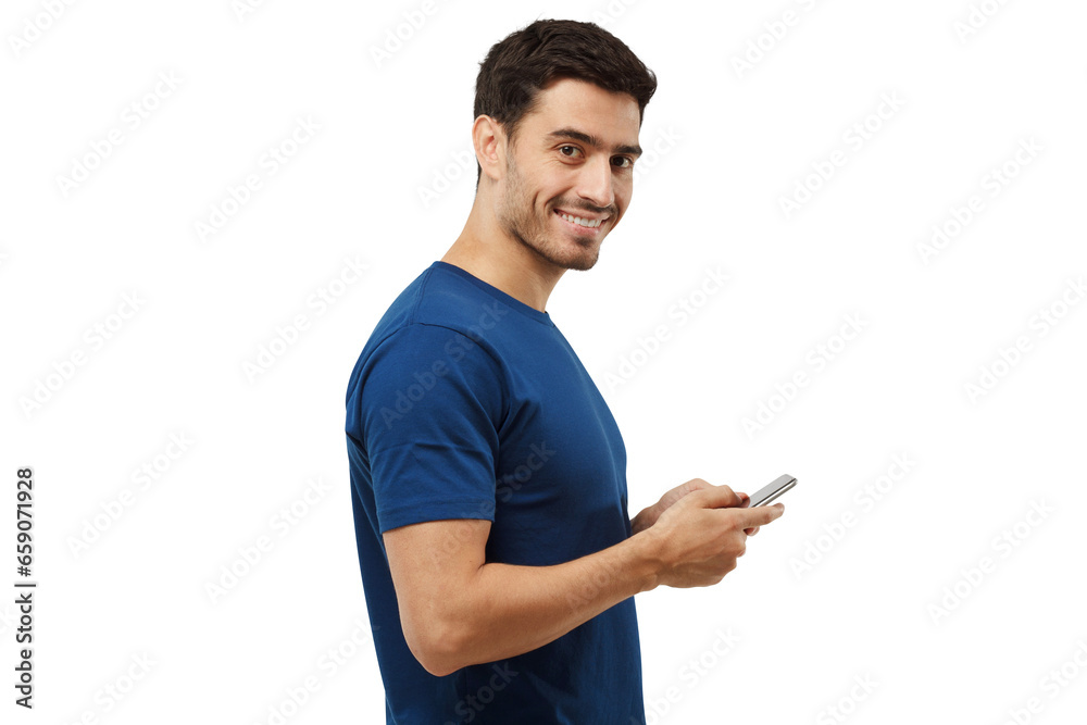 Young attractive man looking and smiling at the camera while texting, using mobile phone Young attractive man looking and smiling at the camera while texting, using mobile phone