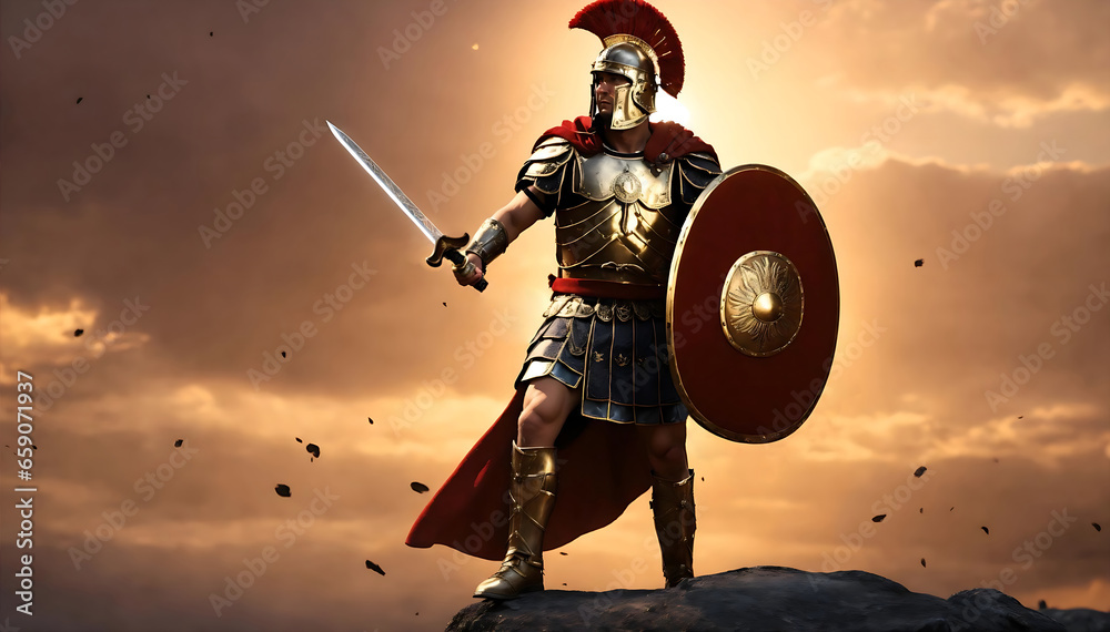 Roman male legionary (legionaries) wear helmet with crest, gladius sword and a scutum shield, heavy infantryman, realistic soldier of the army of the Roman Empire, on Rome background. Generative ai - obrazy, fototapety, plakaty 