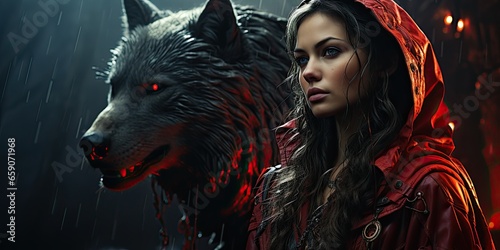 A girl with a red hood and a wolf. Generative AI