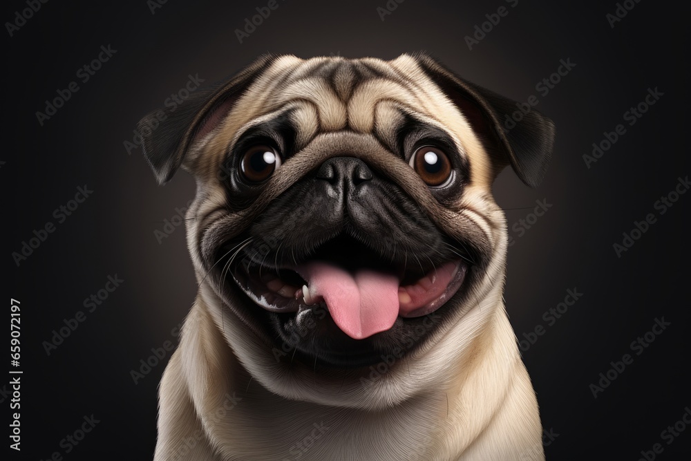 Portrait of a cute pug dog on a dark isolated background. Close-up.