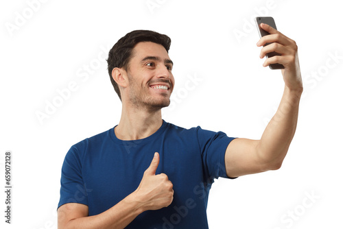 Portrait of young handsome man using phone to take selfie photo