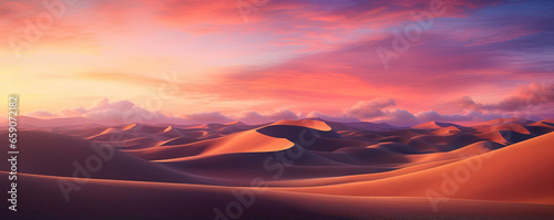 Surreal desert panoramic landscape with a beautiful purple, pink and orange sunset. Sand dunes background against the sky with copy space. © Joe P