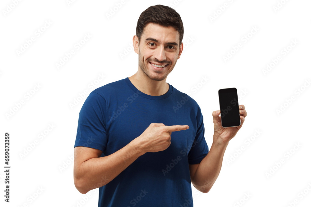 Portrait of smiling to camera man showing blank phone and pointing to black screen with finger Portrait of smiling to camera man showing blank phone and pointing to black screen with finger