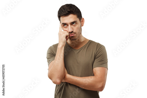Thoughtful young man in t-shirt, gesturing with hand, solving relationship problem