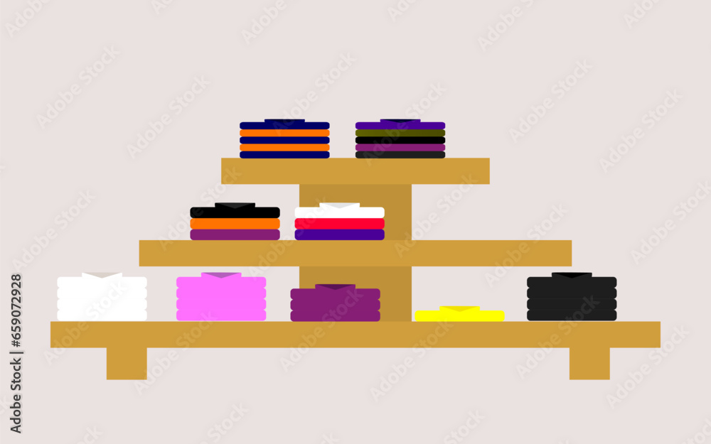 Stacked clothes on shelves. Shelf in store with folded shirts and t-shirts for customers. Vector Stacked clothes on shelves. Shelf in store with folded shirts and t-shirts for customers. Vector