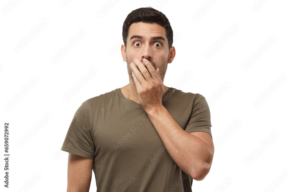 Shocked man covering his mouth with one hand, looking surprised, embarrassed and confused Shocked man covering his mouth with one hand, looking surprised, embarrassed and confused