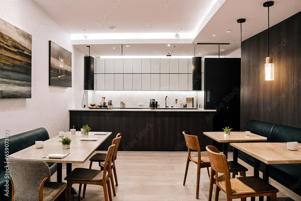 Modern interior design of a Restaurant-coffeeshop. Concept of the best coworker space