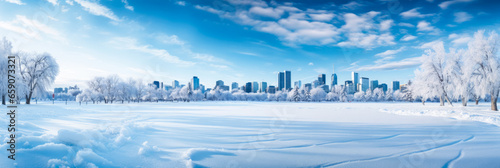 Panoramic snowy park scenes in Canadian cities at Christmas background with empty space for text 
