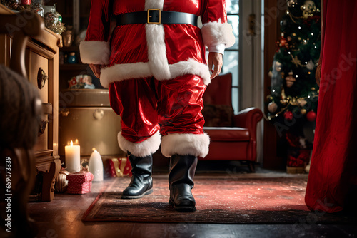 Unrecognizable person in shiny Santa Claus costume entering house near Christmas tree. Image made with AI