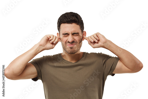 Tableau sur toile Stressed frustrated young man plugging his ears with fingers and keeping eyes cl