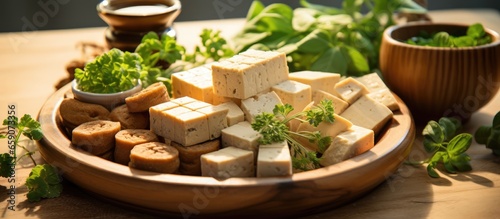 Tofu and tempeh along with other plant proteins on wooden plate for vegan diet Soy heart health calcium