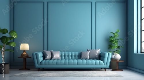 Modern cozy living room and blue wall texture backgro.Generative AI
