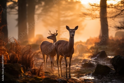 Red deer standing in the edge of a river in foggy forest. Created with Generative AI © Prathankarnpap
