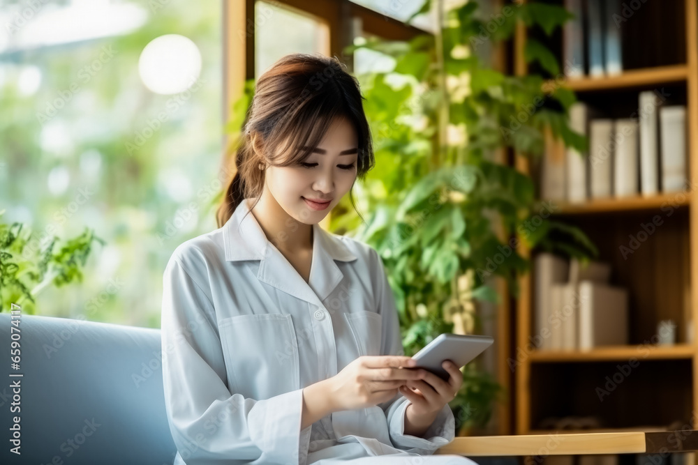 Asian young woman using smartphone for reading medicine information online 