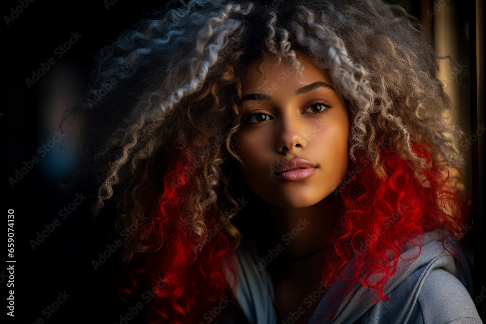 Biracial woman with chin-touching curly blue and red lit hair Biracial woman with chin-touching curly blue and red lit hair