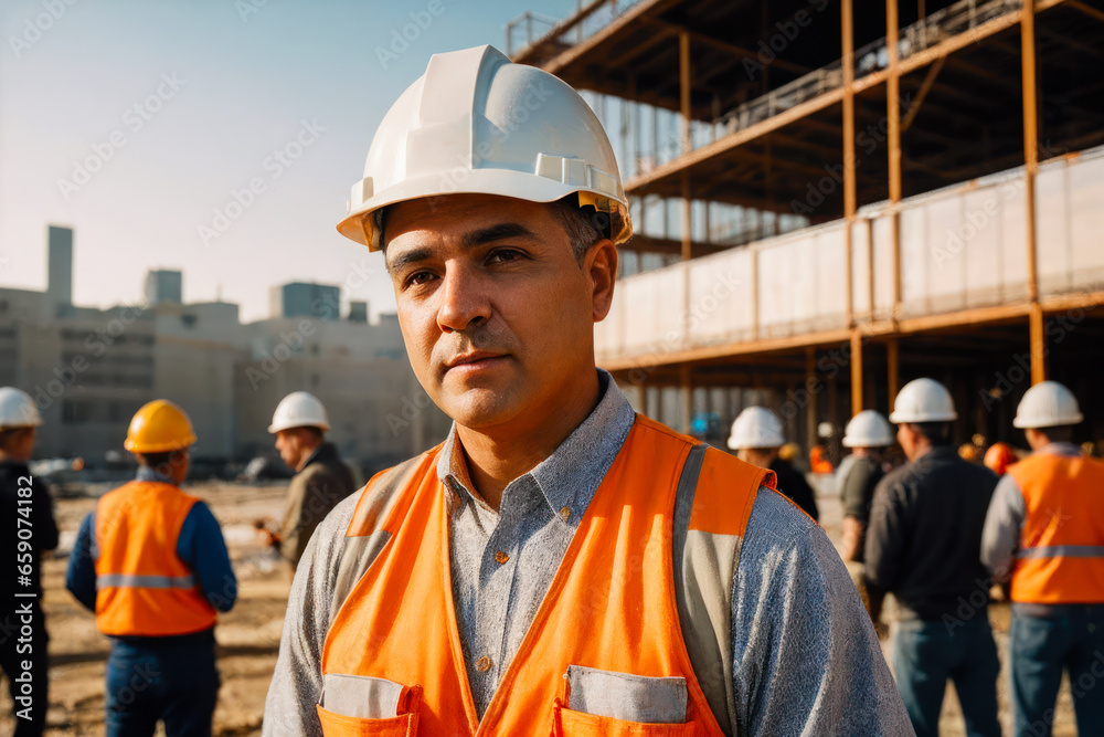 Builder, dressed in an orange vest and white construction helmet on a modern construction background Builder, dressed in an orange vest and white construction helmet on a modern construction background