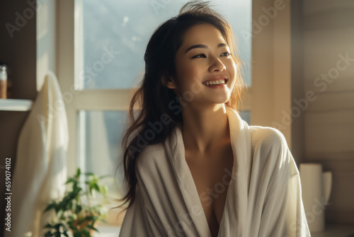 Free Download Asian young woman in bathrobe applies body lotion after shower; morning skincare routine  - GFXLoad