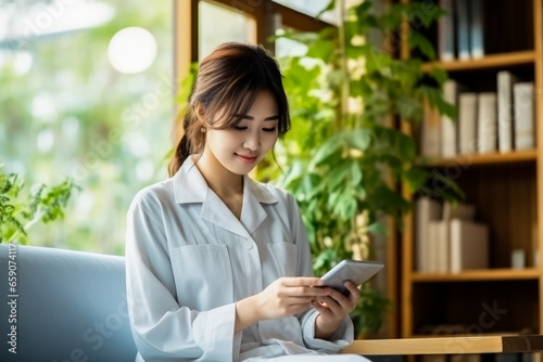 Asian young woman using smartphone for reading medicine information online 