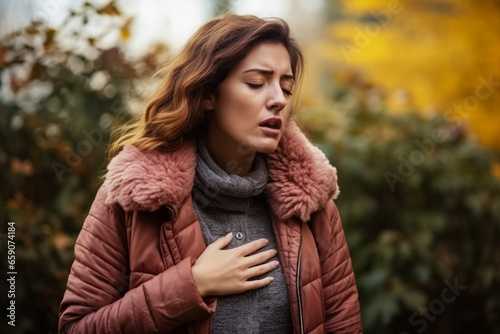 Coughing Caucasian woman in autumn young age  photo