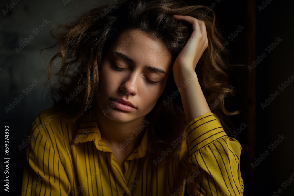 Exhausted stressed woman closes eyes endures intense headache Exhausted stressed woman closes eyes endures intense headache