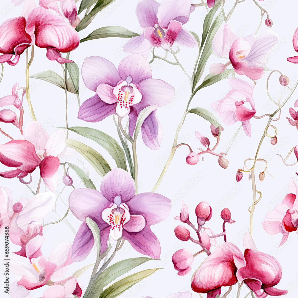 Fototapeta premium Orchids Watercolor Flowers Medley Floral Seamless Patterns