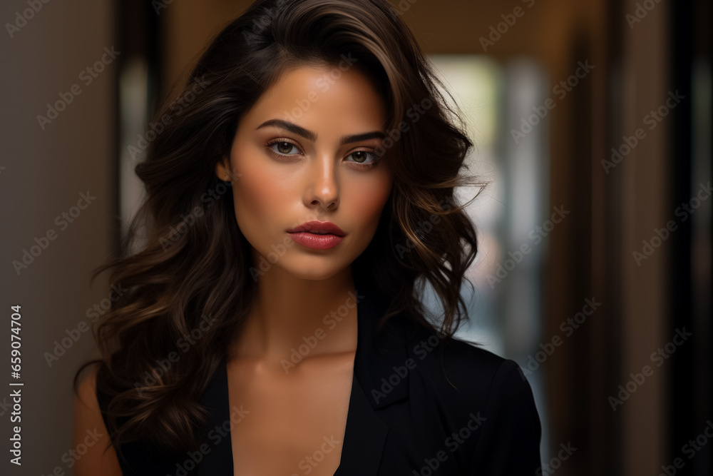 Model gazes at camera elegantly poses caressing flawless countenance Model gazes at camera elegantly poses caressing flawless countenance