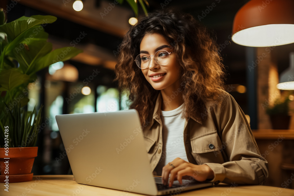 Pretty cheerful Asian woman in eyeglasses casual attire browses laptop connected to 4G internet updates software uses modern technologies and happily poses in a café glancing away Pretty cheerful Asian woman in eyeglasses casual attire browses laptop connected to 4G internet updates software uses modern technologies and happily poses in a café glancing away