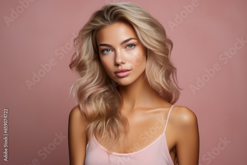Model showcasing flawless skin against dreamy pastel background 