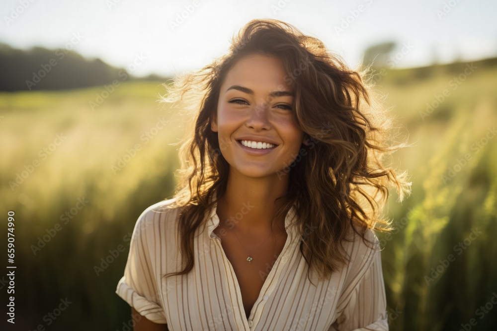 Smiling woman sunlit hair standing happily in a field 
