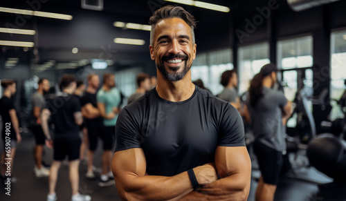 Smiling man stands with arms crossed in fitness studio 