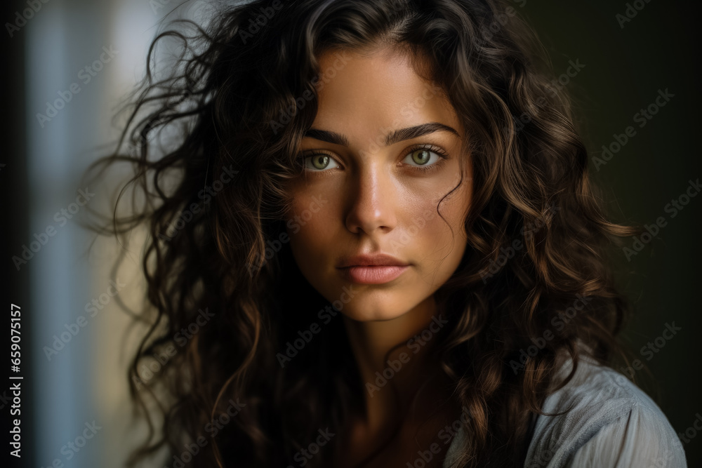 Young woman posing gazes at camera in captivating portrait Young woman posing gazes at camera in captivating portrait