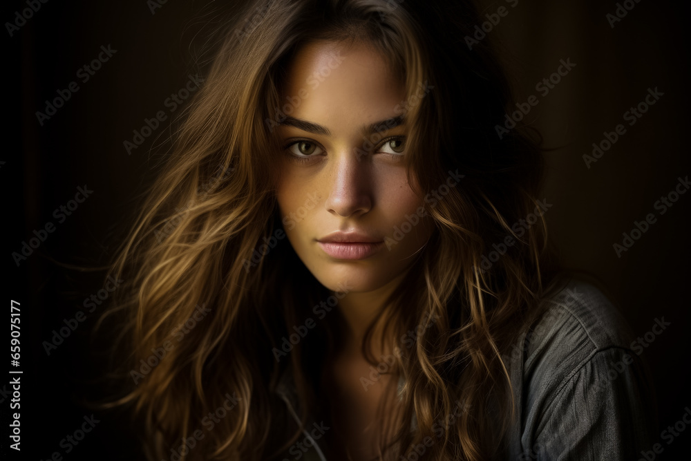 Young woman posing gazes at camera in captivating portrait Young woman posing gazes at camera in captivating portrait
